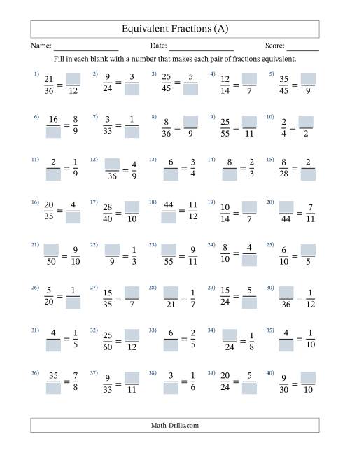 The Equivalent Fractions with Blanks (Multiply Left or Divide Right) (All) Math Worksheet