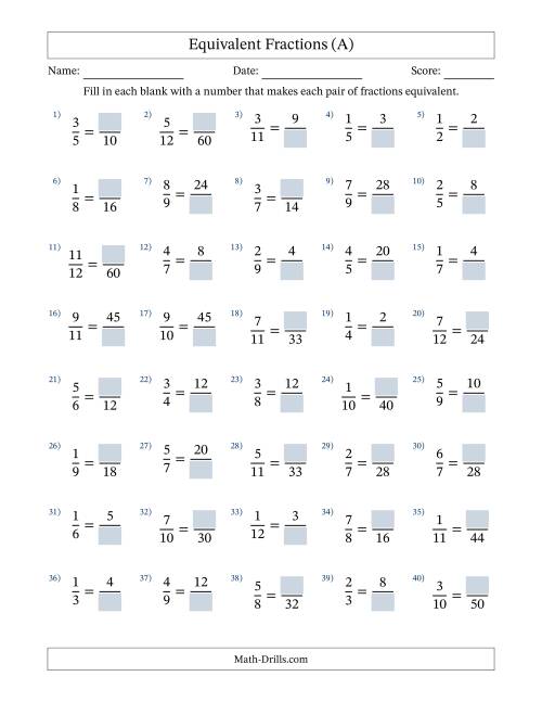 The Equivalent Fractions with Blanks (Multiply Right) (A) Math Worksheet