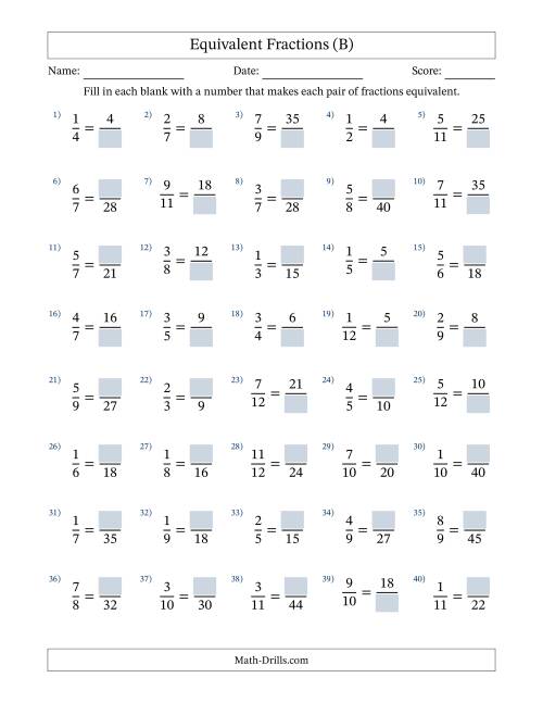 The Equivalent Fractions with Blanks (Multiply Right) (B) Math Worksheet