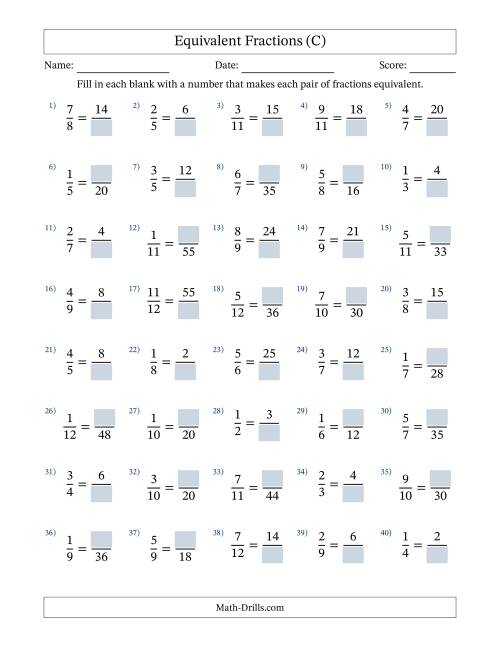 The Equivalent Fractions with Blanks (Multiply Right) (C) Math Worksheet