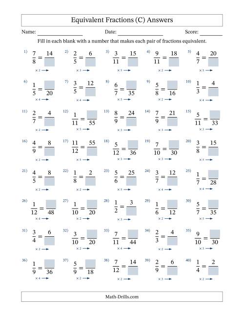 The Equivalent Fractions with Blanks (Multiply Right) (C) Math Worksheet Page 2