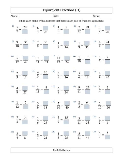 The Equivalent Fractions with Blanks (Multiply Right) (D) Math Worksheet