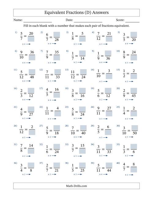 The Equivalent Fractions with Blanks (Multiply Right) (D) Math Worksheet Page 2