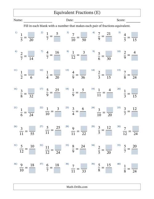 The Equivalent Fractions with Blanks (Multiply Right) (E) Math Worksheet