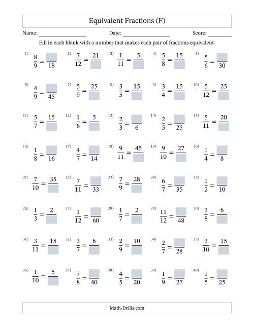 The Equivalent Fractions with Blanks (Multiply Right) (F) Math Worksheet