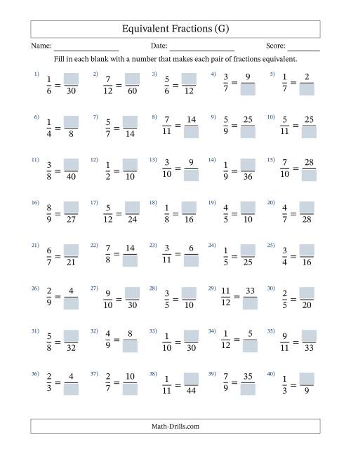 The Equivalent Fractions with Blanks (Multiply Right) (G) Math Worksheet