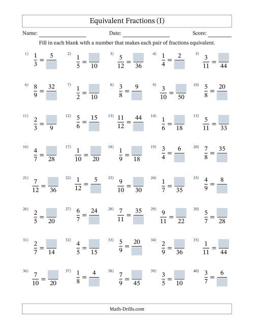 The Equivalent Fractions with Blanks (Multiply Right) (I) Math Worksheet