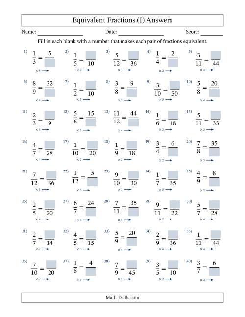 The Equivalent Fractions with Blanks (Multiply Right) (I) Math Worksheet Page 2