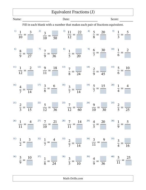 The Equivalent Fractions with Blanks (Multiply Right) (J) Math Worksheet
