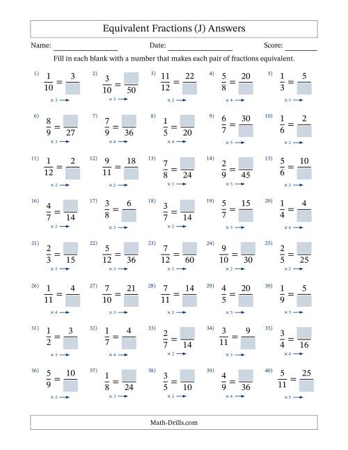 The Equivalent Fractions with Blanks (Multiply Right) (J) Math Worksheet Page 2