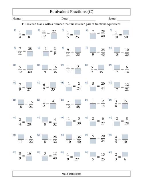 The Equivalent Fractions with Blanks (Multiply Right or Divide Left) (C) Math Worksheet