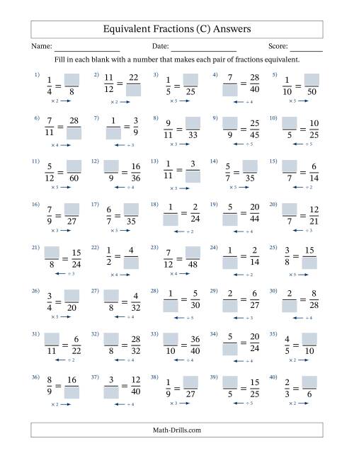 The Equivalent Fractions with Blanks (Multiply Right or Divide Left) (C) Math Worksheet Page 2