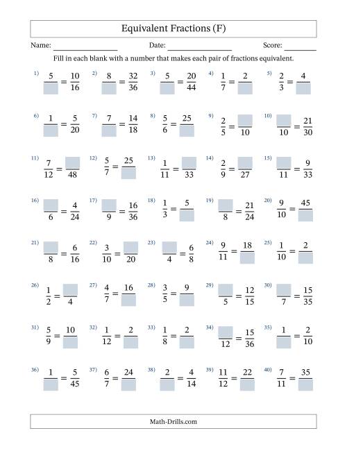 The Equivalent Fractions with Blanks (Multiply Right or Divide Left) (F) Math Worksheet