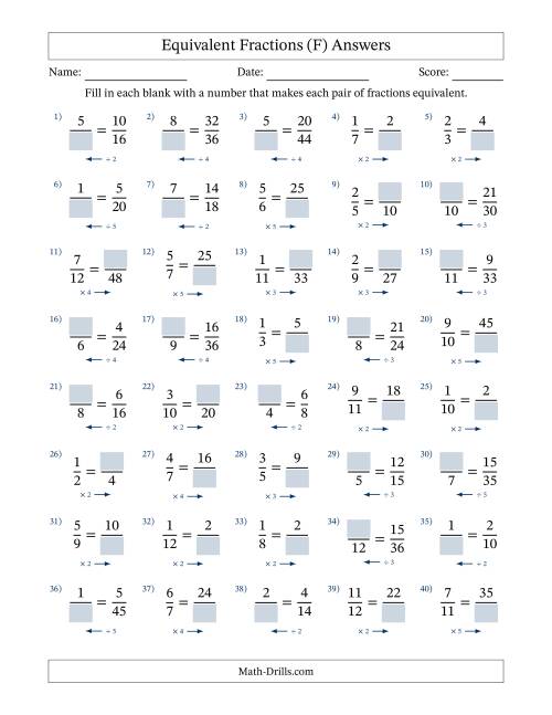 The Equivalent Fractions with Blanks (Multiply Right or Divide Left) (F) Math Worksheet Page 2