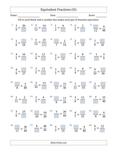 The Equivalent Fractions with Blanks (Multiply Right or Divide Left) (H) Math Worksheet