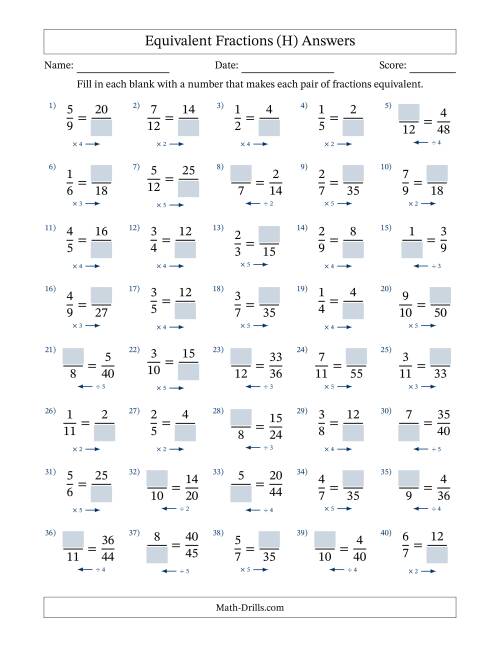 The Equivalent Fractions with Blanks (Multiply Right or Divide Left) (H) Math Worksheet Page 2