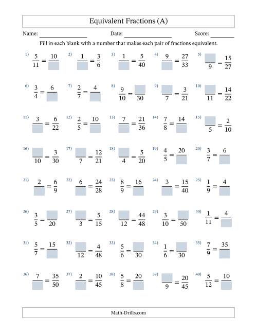 The Equivalent Fractions with Blanks (Multiply Right or Divide Left) (All) Math Worksheet