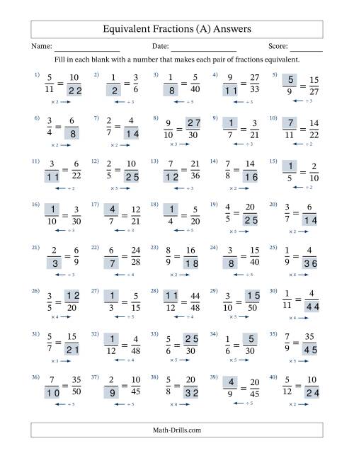 The Equivalent Fractions with Blanks (Multiply Right or Divide Left) (All) Math Worksheet Page 2