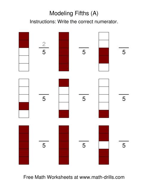 The Modeling Fractions -- Fifths (A) Math Worksheet