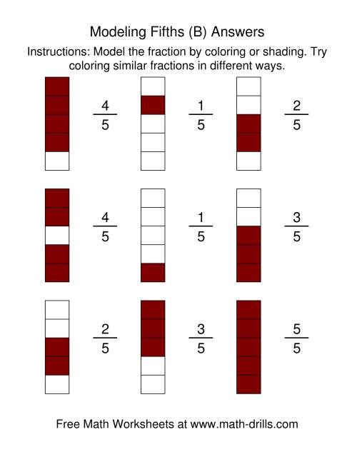 The Coloring Fraction Models -- Fifths (B) Math Worksheet Page 2