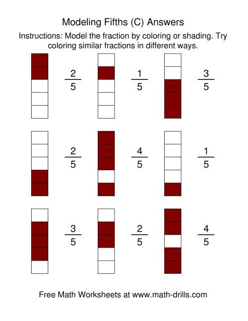 The Coloring Fraction Models -- Fifths (C) Math Worksheet Page 2
