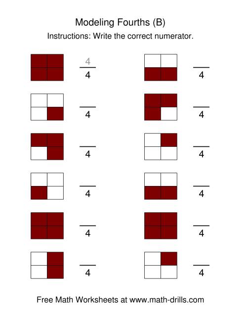 The Modeling Fractions -- Fourths (B) Math Worksheet