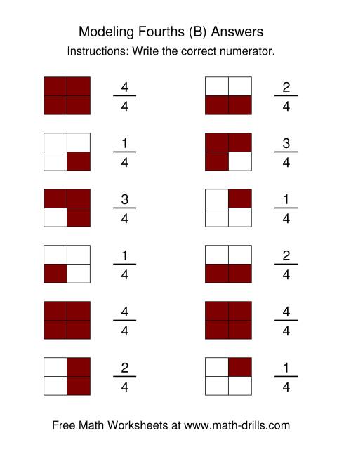 The Modeling Fractions -- Fourths (B) Math Worksheet Page 2