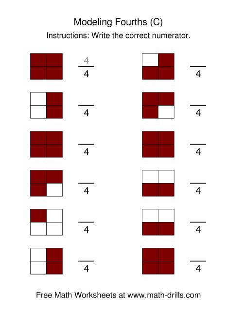 The Modeling Fractions -- Fourths (C) Math Worksheet