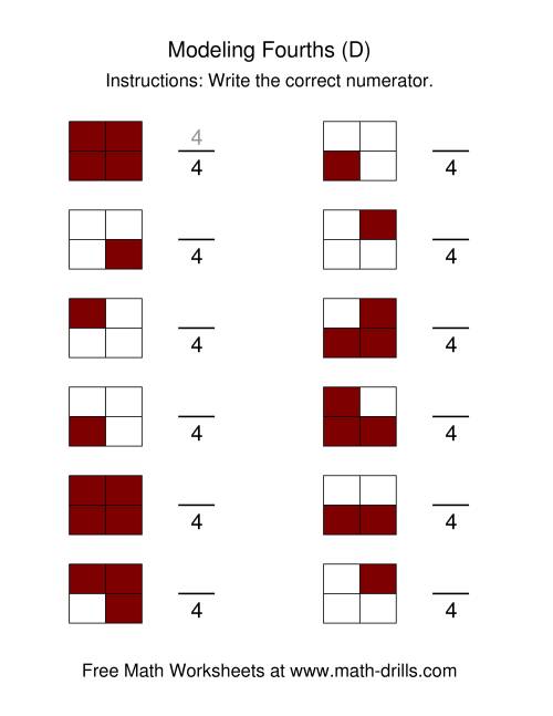 The Modeling Fractions -- Fourths (D) Math Worksheet