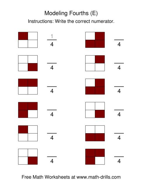 The Modeling Fractions -- Fourths (E) Math Worksheet