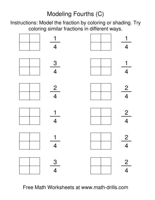 The Coloring Fraction Models -- Fourths (C) Math Worksheet