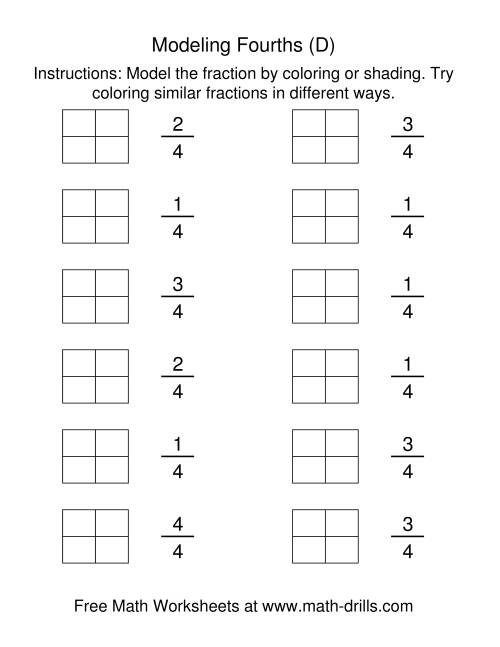 The Coloring Fraction Models -- Fourths (D) Math Worksheet