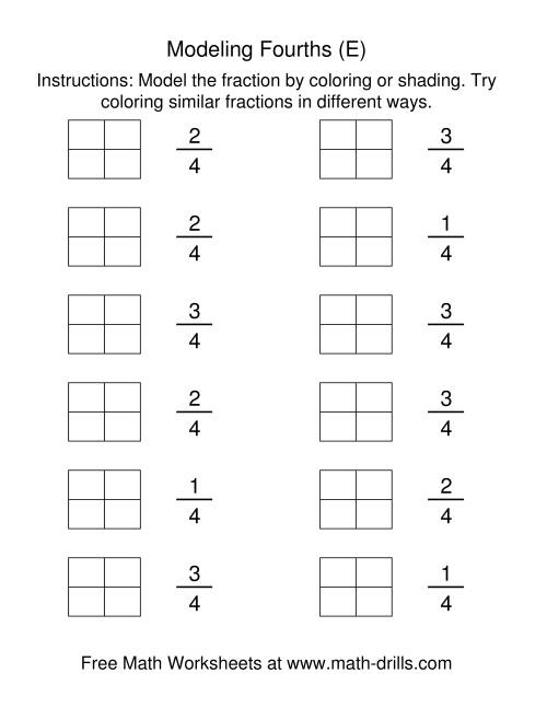 The Coloring Fraction Models -- Fourths (E) Math Worksheet