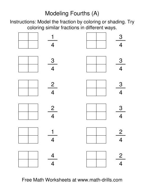 The Coloring Fraction Models -- Fourths (All) Math Worksheet