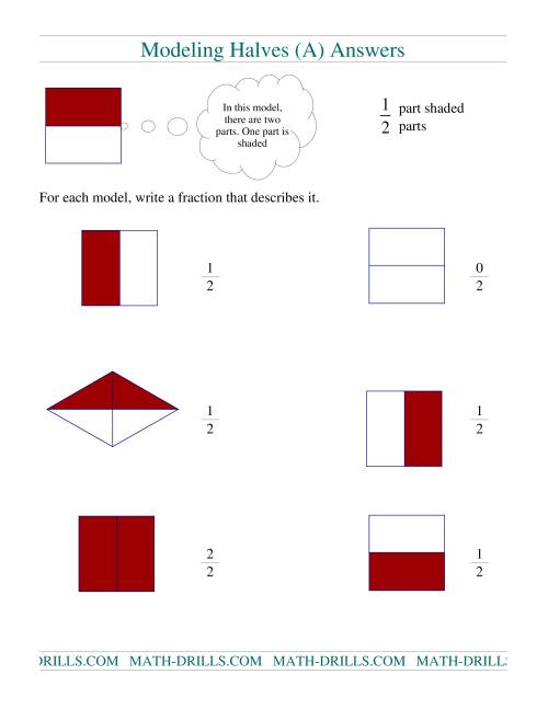 The Modeling Fractions -- Halves (A) Math Worksheet Page 2