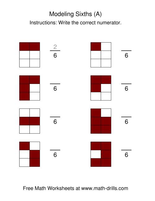 The Modeling Fractions -- Sixths (A) Math Worksheet
