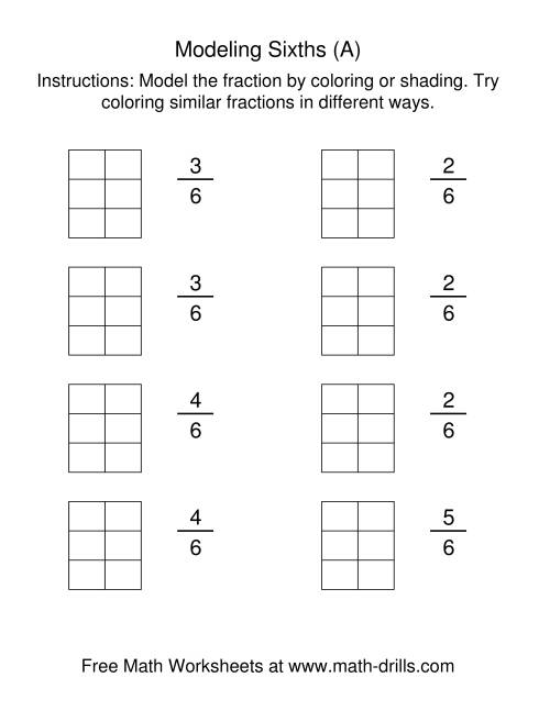 The Coloring Fraction Models -- Sixths (A) Math Worksheet
