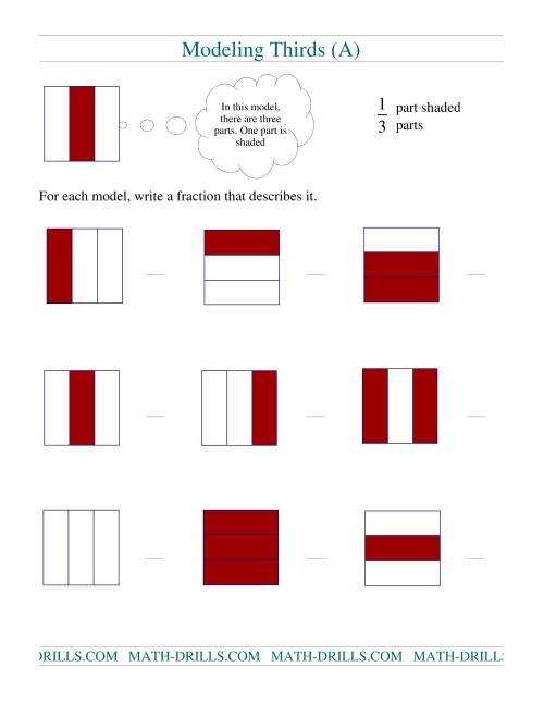 The Modeling Fractions -- Thirds (A) Math Worksheet