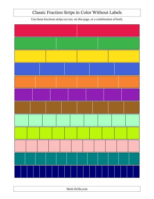 The Classic Fraction Strips in Color Without Labels Math Worksheet