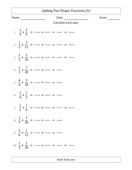 The Adding Two Proper Fractions with Similar Denominators, Proper Fractions Results and Some Simplifying (Fillable) (D) Math Worksheet