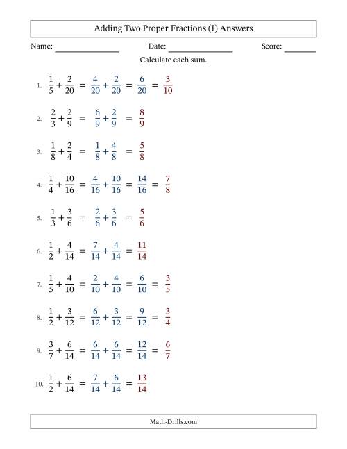 Adding Fractions with Easy-to-Find Common Denominators (I)