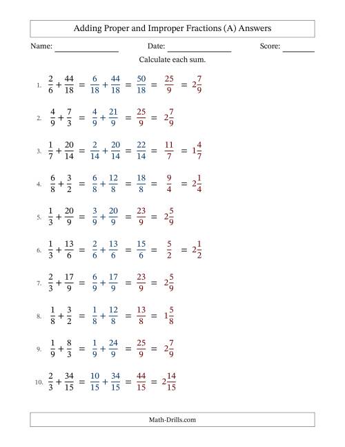 The Adding Improper Fractions with Easy-to-Find Common Denominators (A) Math Worksheet Page 2