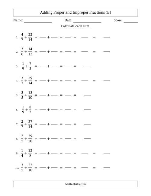 The Adding Proper and Improper Fractions with Similar Denominators, Mixed Fractions Results and Some Simplifying (Fillable) (B) Math Worksheet