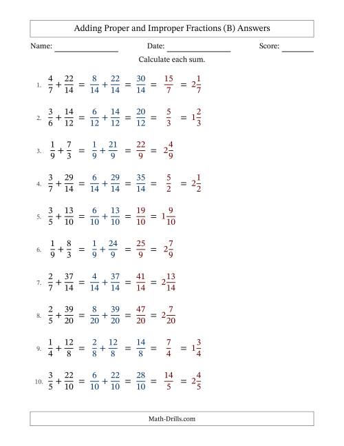 The Adding Proper and Improper Fractions with Similar Denominators, Mixed Fractions Results and Some Simplifying (Fillable) (B) Math Worksheet Page 2