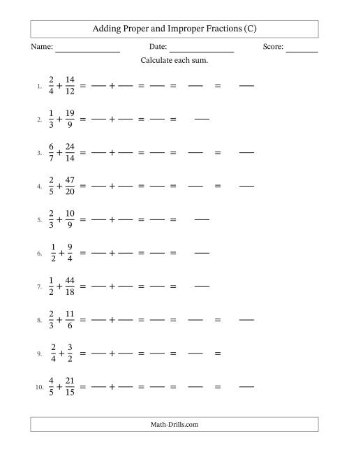 The Adding Proper and Improper Fractions with Similar Denominators, Mixed Fractions Results and Some Simplifying (Fillable) (C) Math Worksheet