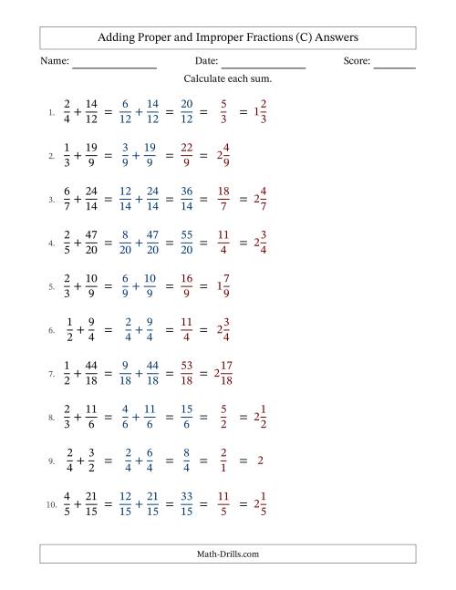 The Adding Proper and Improper Fractions with Similar Denominators, Mixed Fractions Results and Some Simplifying (Fillable) (C) Math Worksheet Page 2