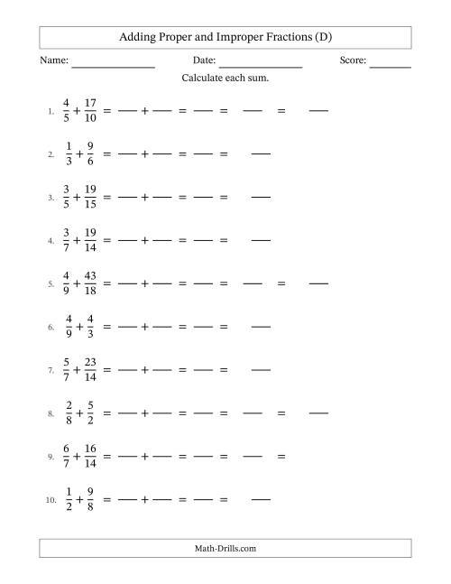 The Adding Proper and Improper Fractions with Similar Denominators, Mixed Fractions Results and Some Simplifying (Fillable) (D) Math Worksheet