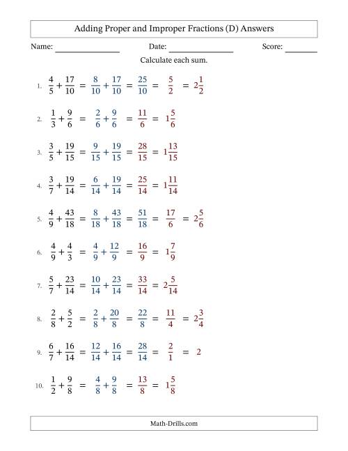 The Adding Proper and Improper Fractions with Similar Denominators, Mixed Fractions Results and Some Simplifying (Fillable) (D) Math Worksheet Page 2