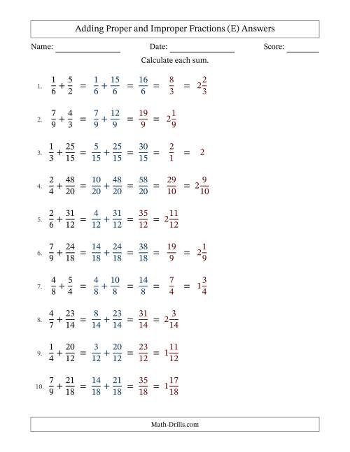 Adding Improper Fractions with Easy-to-Find Common Denominators (E)