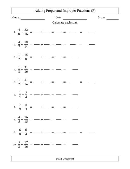 The Adding Proper and Improper Fractions with Similar Denominators, Mixed Fractions Results and Some Simplifying (Fillable) (F) Math Worksheet